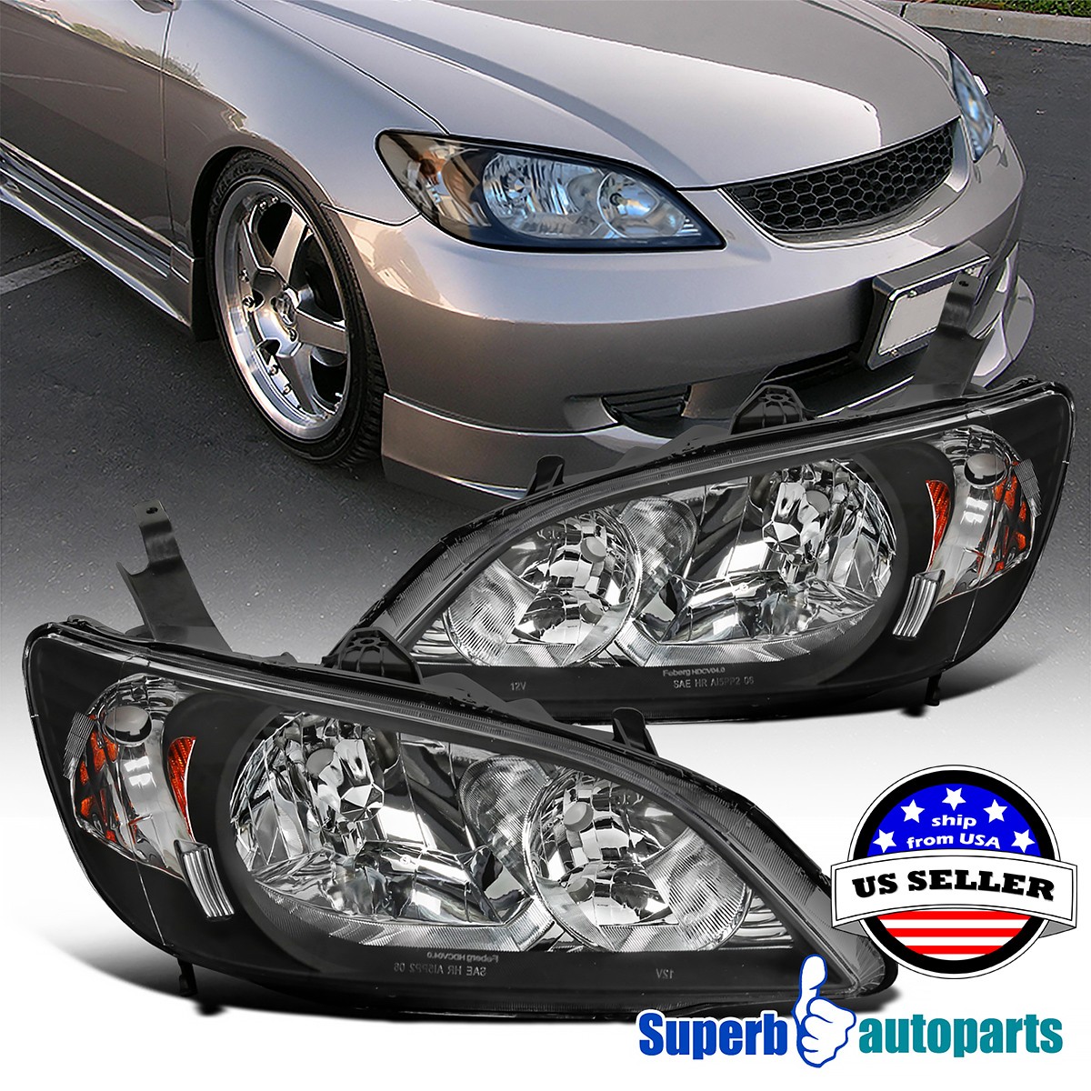 Fit 2004-2005 Honda Civic Headlights 04-05 2Dr Coupe 4Dr Black Replacement Lamps Fit 2004-2005 Honda Civic Headlights 04-05 2Dr Coupe 4Dr Black Replacement Lamps