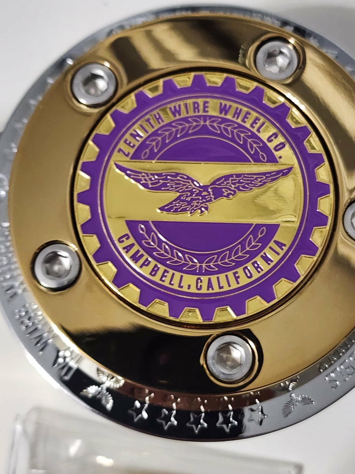 ZENITH EAGLE WIRE WHEEL LOWRIDER KNOCK OFF CHIPS PURPLE & GOLD SET OF 4 ZENITH EAGLE WIRE WHEEL LOWRIDER KNOCK OFF CHIPS PURPLE & GOLD SET OF 4