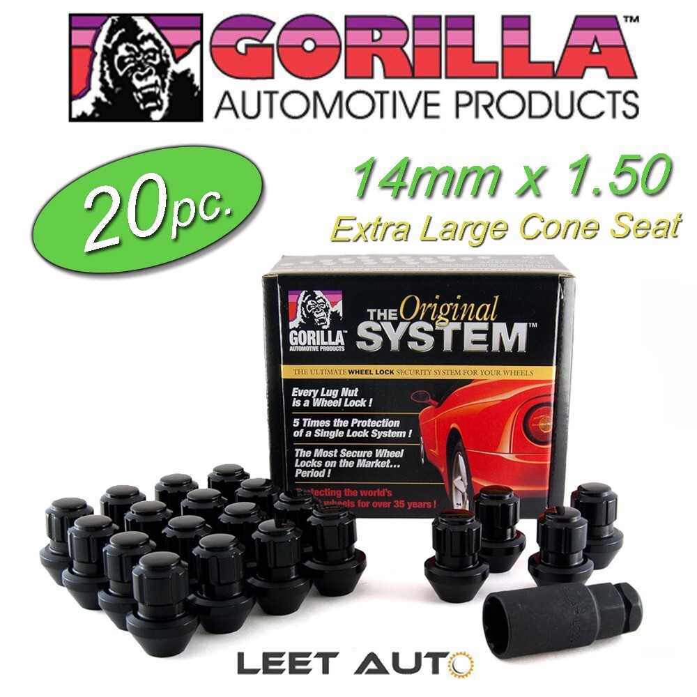 (20pc) Gorilla Wheel Lock Set, Factory Style Bulge, 14mm x 1.50, Black, 96643BDX (20pc) Gorilla Wheel Lock Set, Factory Style Bulge, 14mm x 1.50, Black, 96643BDX