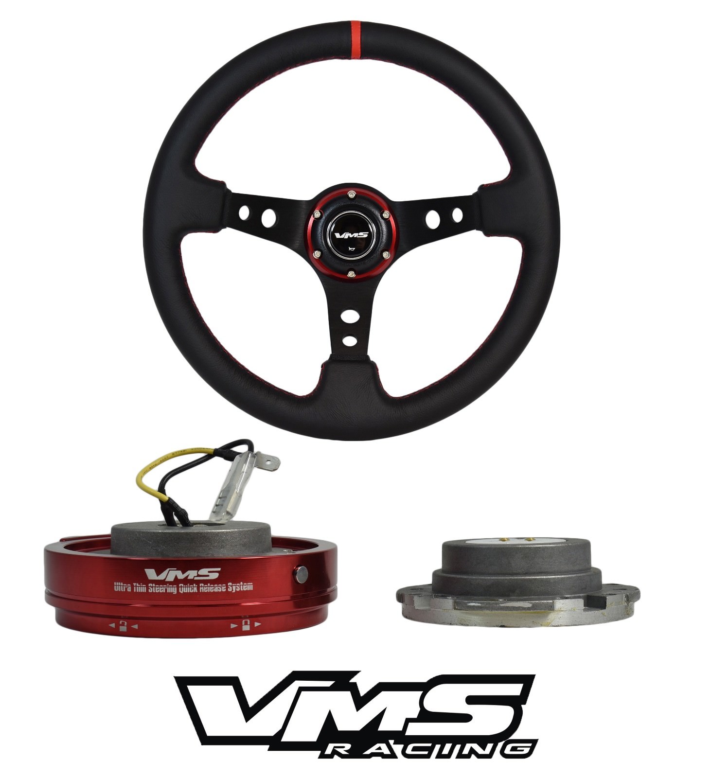 VMS RACING PILOTTA RED LEATHER 350MM STEERING WHEEL + QUICK RELEASE FOR MINI