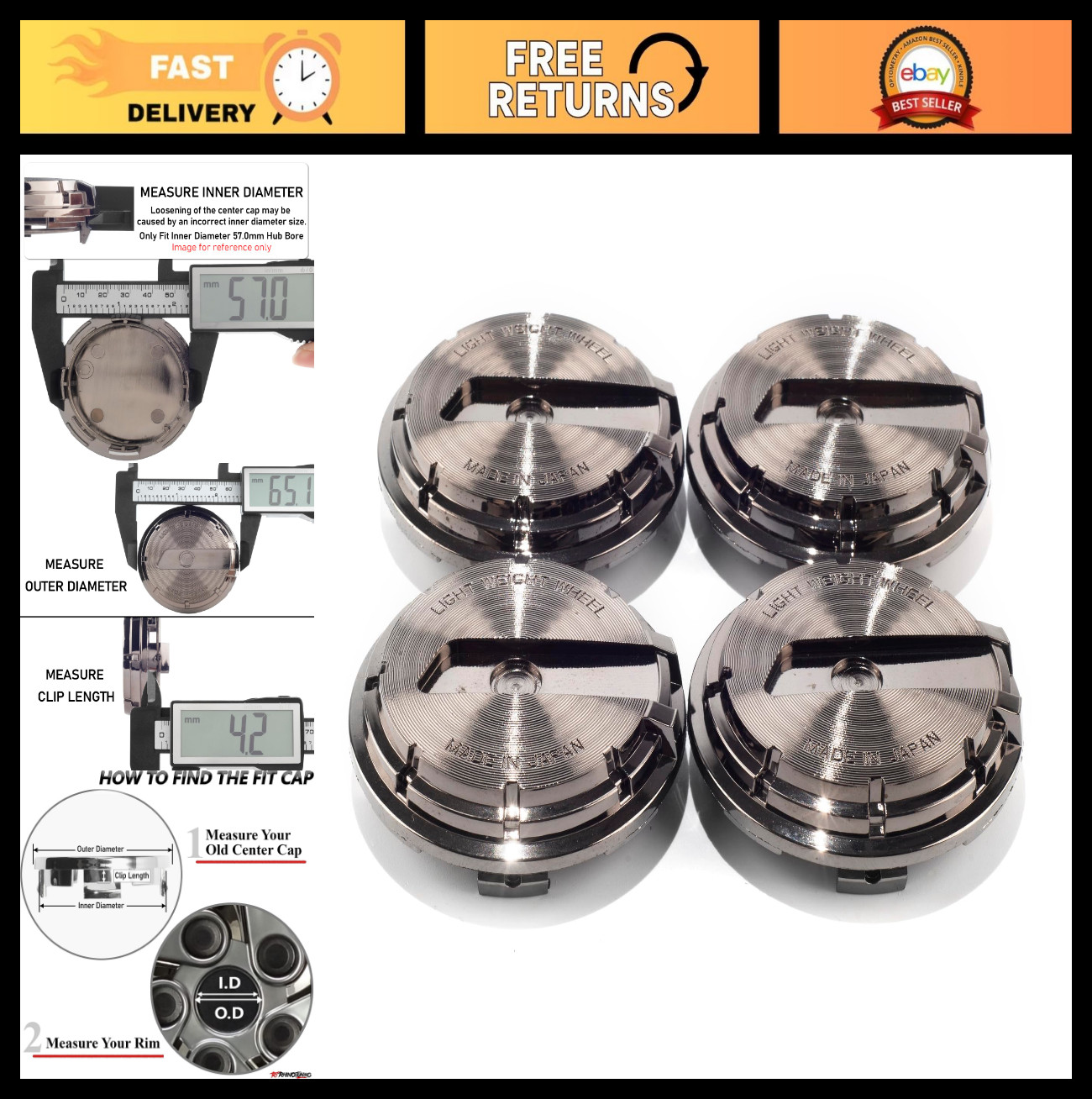 4 PCS 65mm Wheel Center Caps for 57CR 57DR Gram Lights - Black Chrome, Fits 2.56