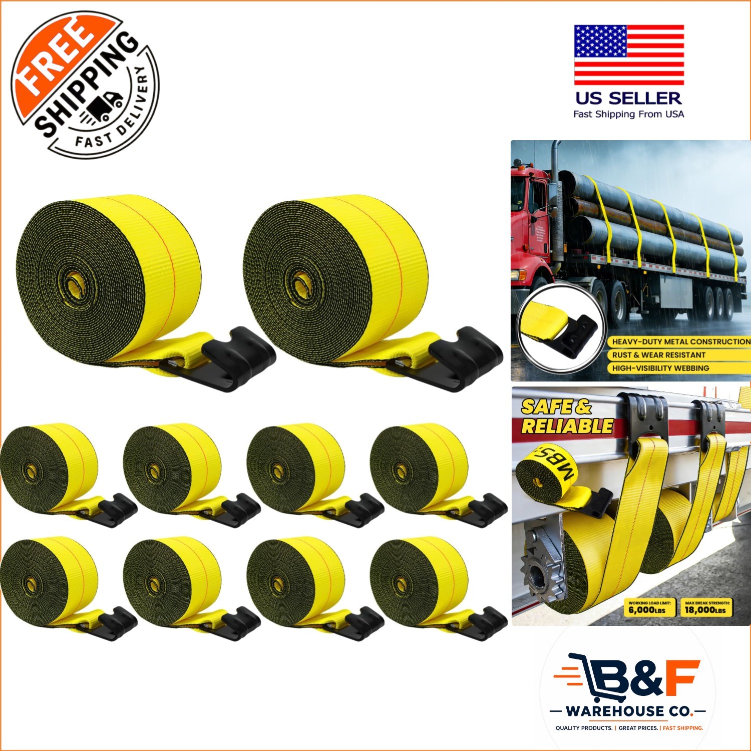 Flatbed Trailer Winch Straps 4'' x 30' - 10 Pack, 18,000 lbs for Secure Hauling Flatbed Trailer Winch Straps 4'' x 30' - 10 Pack, 18,000 lbs for Secure Hauling