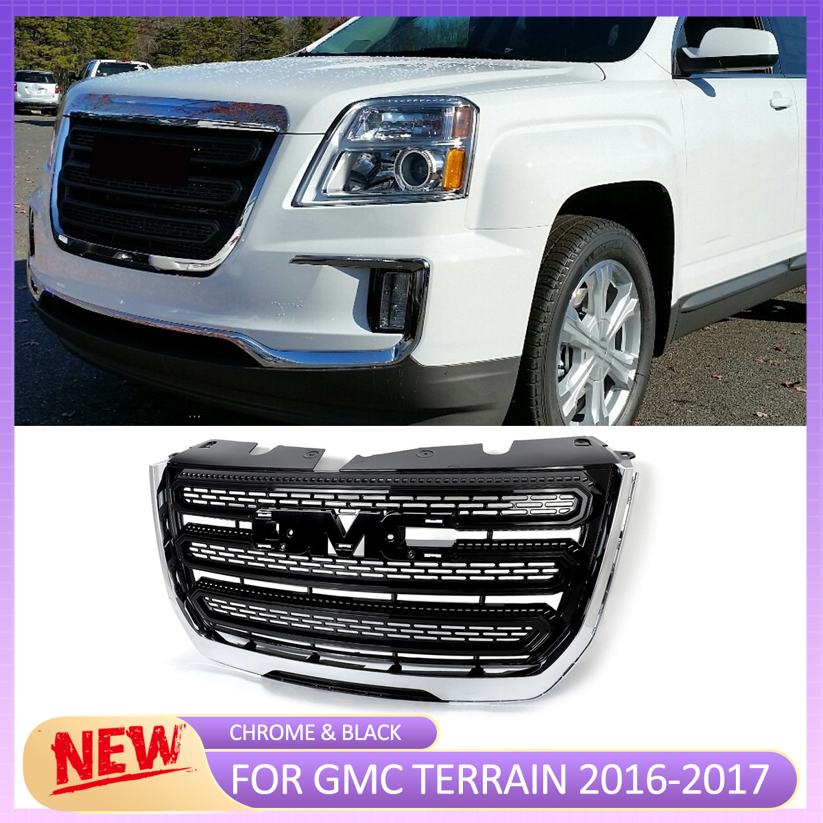 New Chrome & Gloss Black Grill Front Bumper Grille For 2016-2017 GMC Terrain SLE