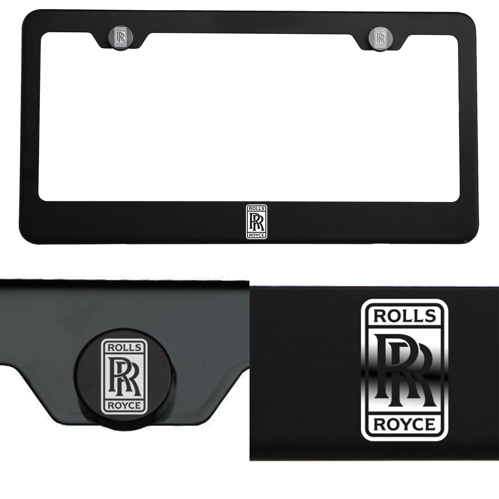 Laser Engraved Rolls Royce Logo Mirror Matte Black License Frame Stainless Steel Laser Engraved Rolls Royce Logo Mirror Matte Black License Frame Stainless Steel