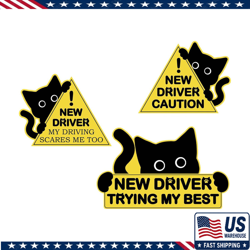 3Pcs Black Cat New Car Driving Magnets (Large Size), Funny New Driver Reflective 3Pcs Black Cat New Car Driving Magnets (Large Size), Funny New Driver Reflective