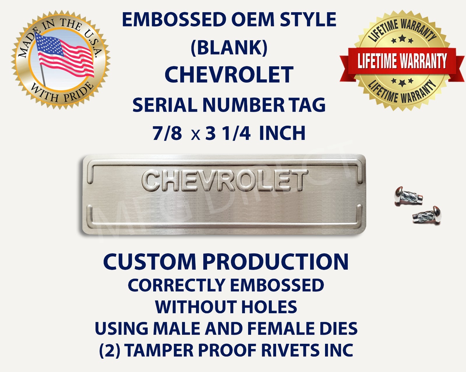 CHEVY CHEVROLET DOOR DASH TAG DATA SERIAL NUMBER VIN PLATE EMBOSSED (BLANK) USA CHEVY CHEVROLET DOOR DASH TAG DATA SERIAL NUMBER VIN PLATE EMBOSSED (BLANK) USA
