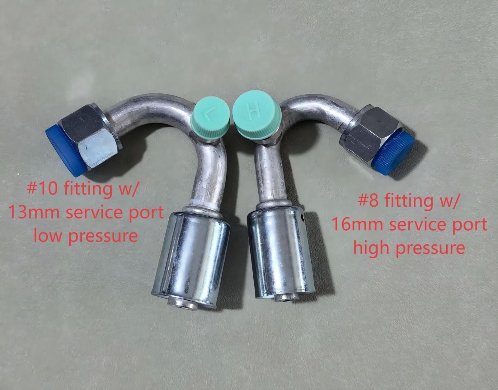 A/C Fittings Beadlock 135 Degree w/ Service Ports #8 16mm High #10 13mm Low Std A/C Fittings Beadlock 135 Degree w/ Service Ports #8 16mm High #10 13mm Low Std