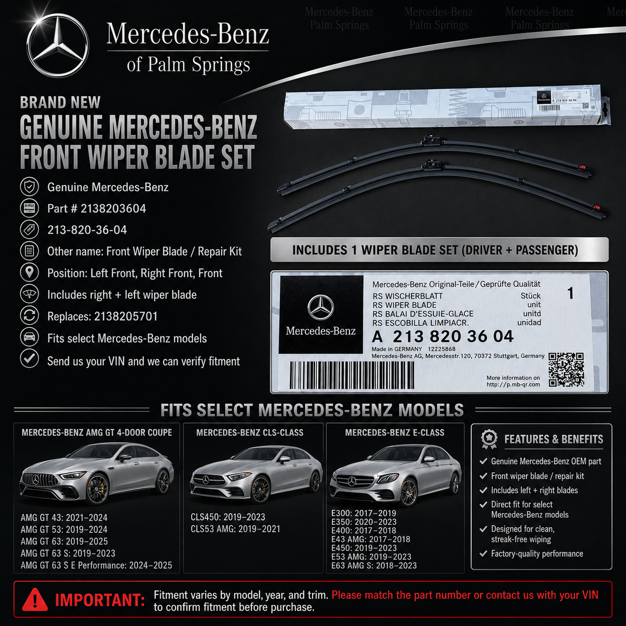 Mercedes-Benz E CLS AMG GT Genuine Front Window Windshield Wiper Blade Set NEW