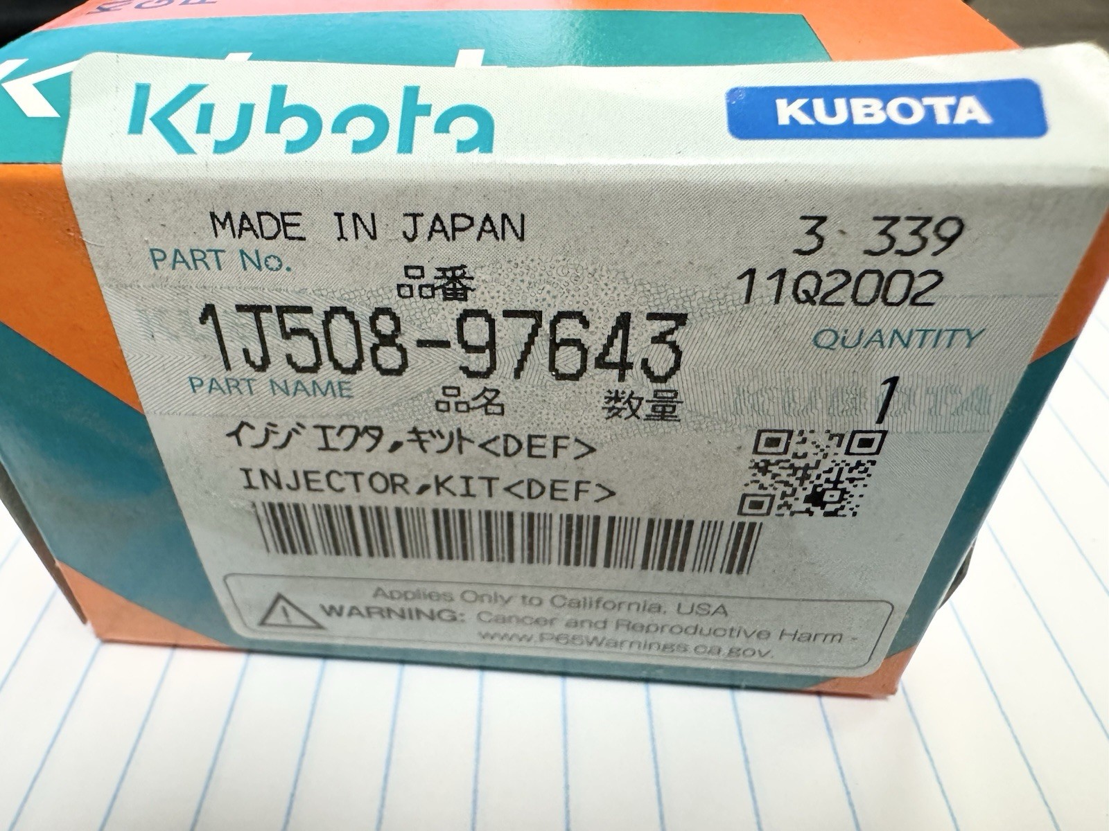 Genuine Kubota 1J508-97643, 1J508-97641, 1J508-97644 DEF Injector Kit Genuine Kubota 1J508-97643, 1J508-97641, 1J508-97644 DEF Injector Kit