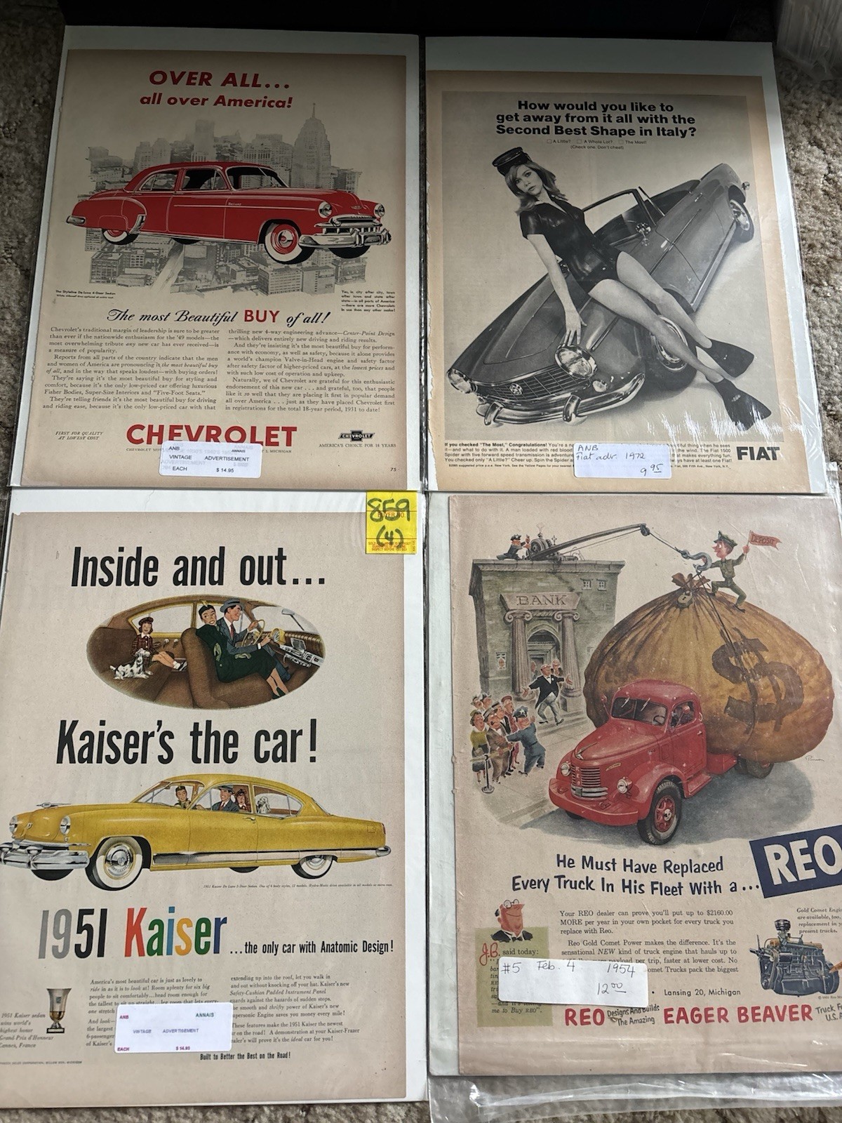 Vintage Print Ad Lot 6 1940s-1970s Chevrolet Fiat Kaiser REO Packard Fisher GM Vintage Print Ad Lot 6 1940s-1970s Chevrolet Fiat Kaiser REO Packard Fisher GM