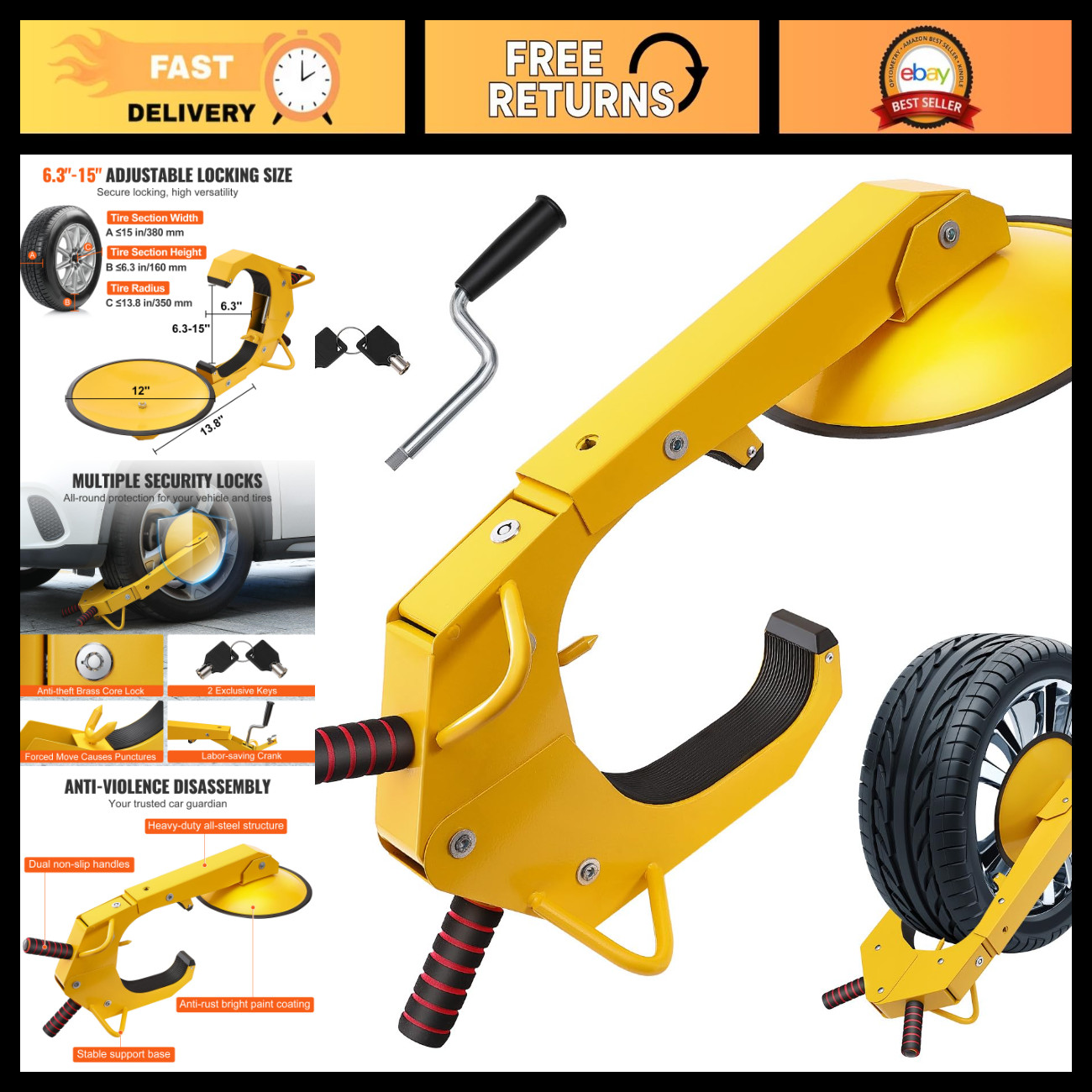 Heavy-Duty Wheel Lock Clamp - Adjustable Anti-Theft Tire Boot for Trailers, RVs, Heavy-Duty Wheel Lock Clamp - Adjustable Anti-Theft Tire Boot for Trailers, RVs,