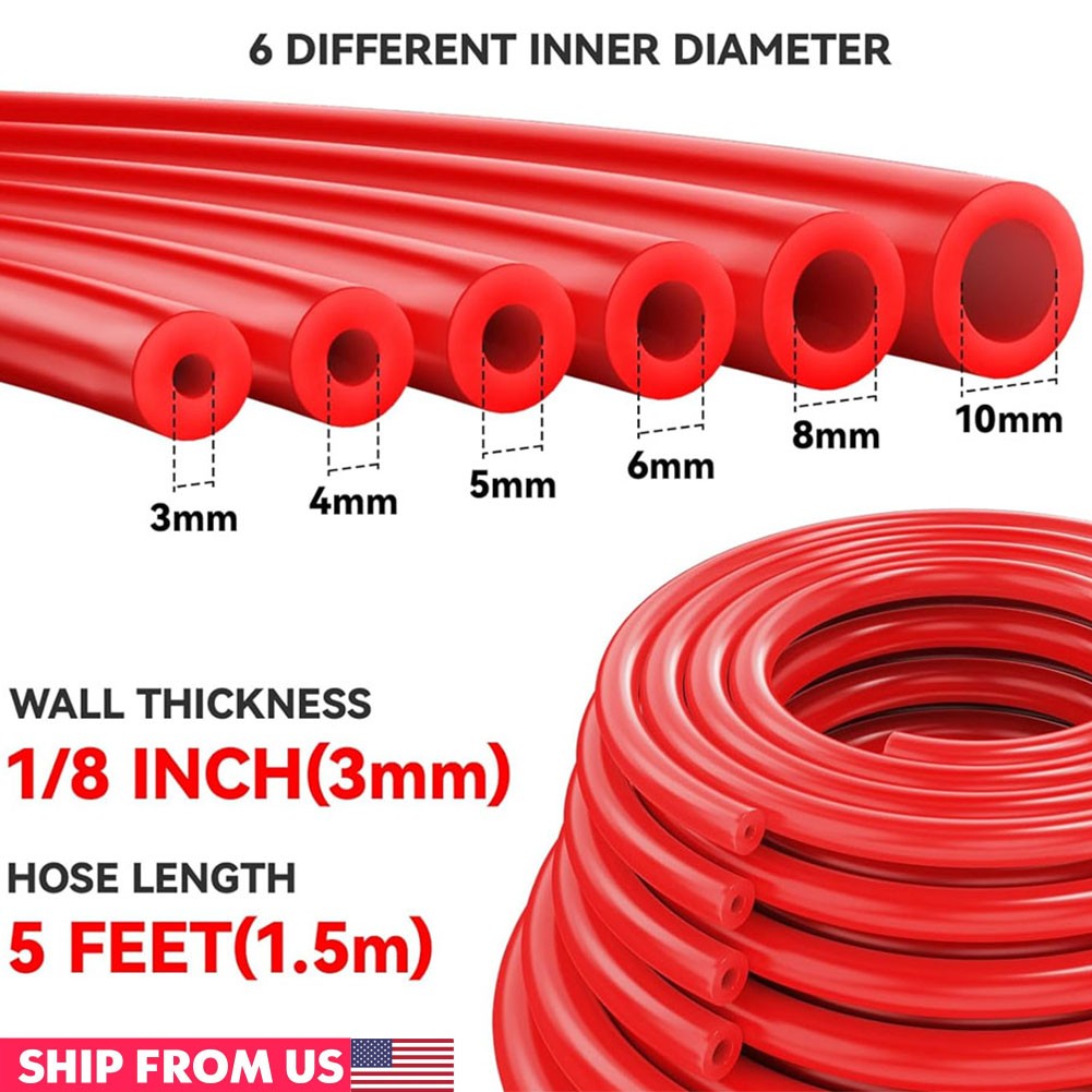 5FT 6PCS 3/4/5/6/8/10MM Car Automotive Silicone Vacuum Tubing Hose line Kit  Red