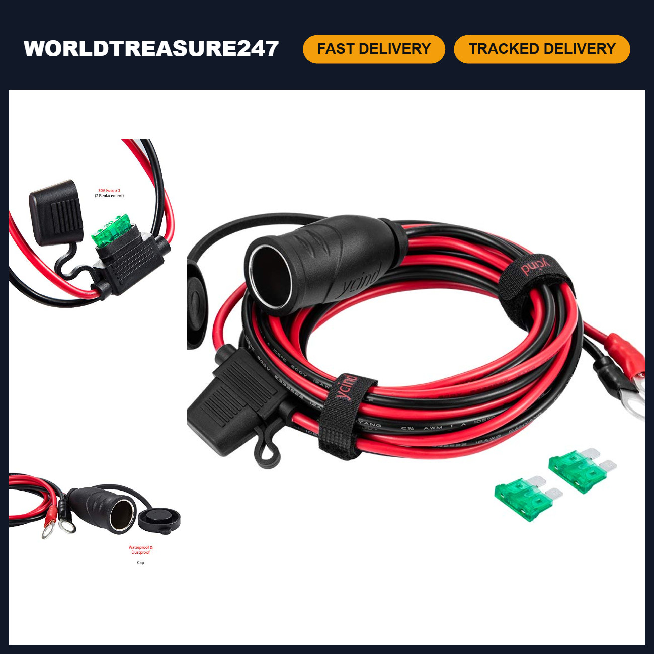 Heavy-Duty 10Ft 12AWG Battery Boost Cable, 30A Fuse, 3/8