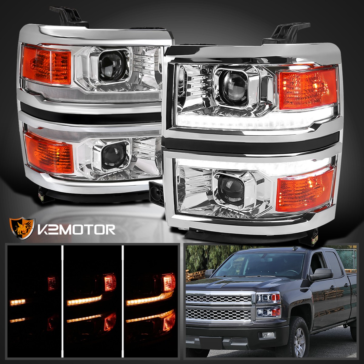 Fits 2014-2015 Chevy Silverado 1500 Sequential LED Signal Projector Headlights Fits 2014-2015 Chevy Silverado 1500 Sequential LED Signal Projector Headlights