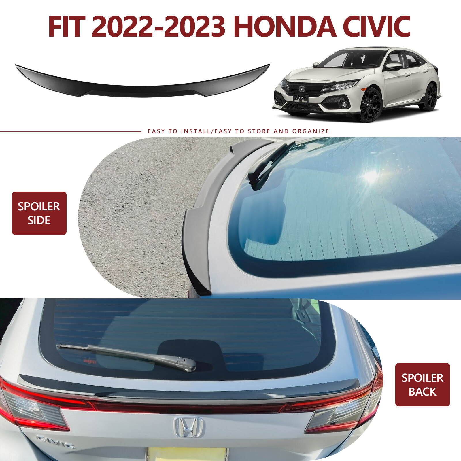 Spoiler Wing Trunk Rear Spoiler Lip For 22-26 Honda Civic Hatchback(Matte Black)