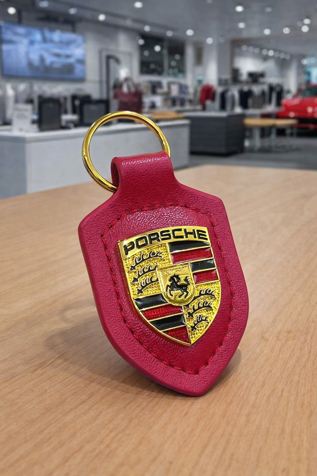Porsche OEM Red Leather Crest Key Ring Keychain WAP0500920E Gift Box New US