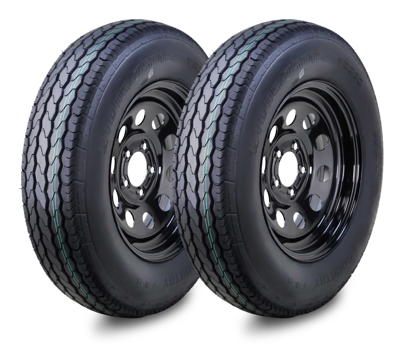 2 Free Country Trailer Tires Rim ST205/75D15 6-Ply Black Mod Rim 5 Lug on 4.5\