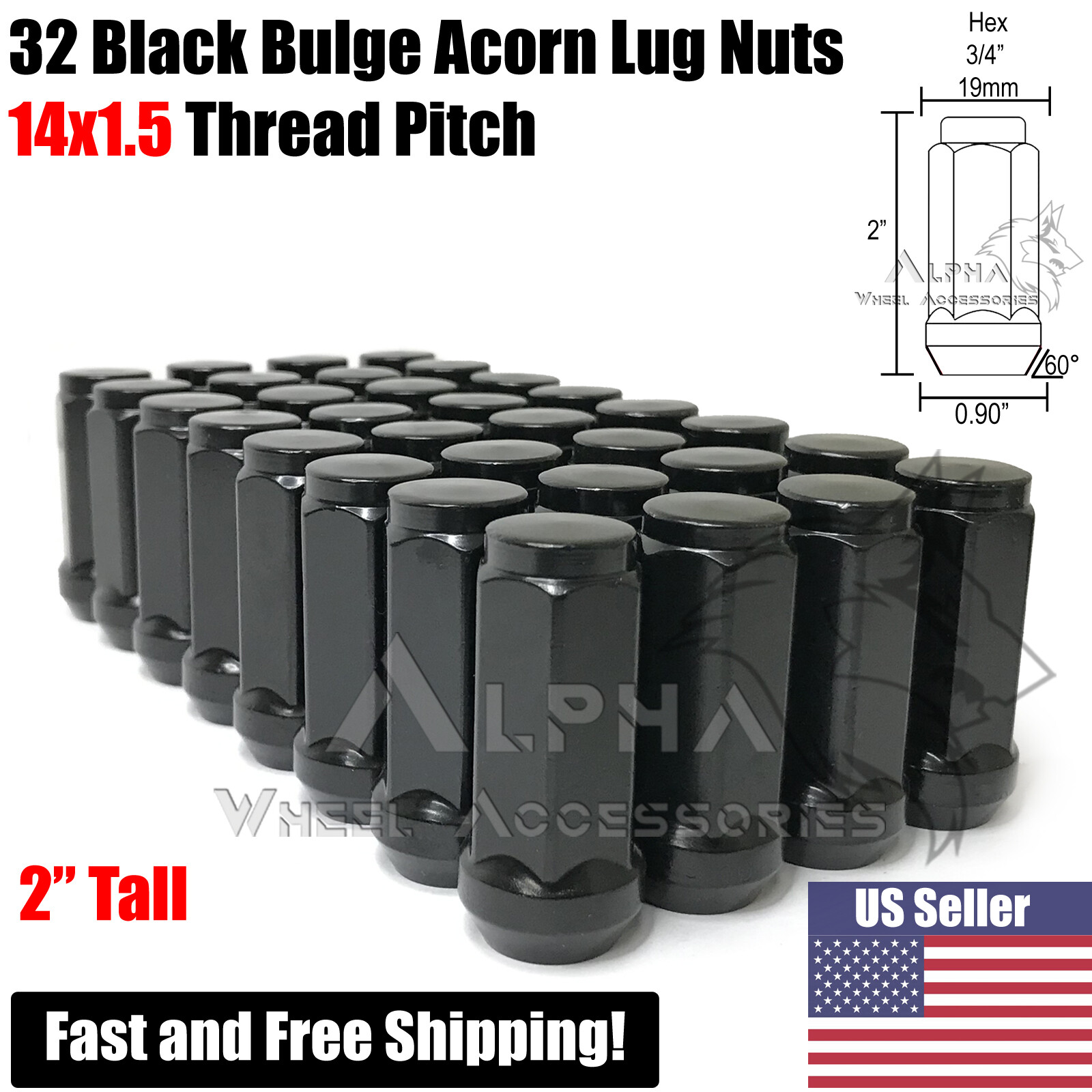 32 Black Bulge Acorn Lug Nuts 14x1.5 XL 2 32 Black Bulge Acorn Lug Nuts 14x1.5 XL 2