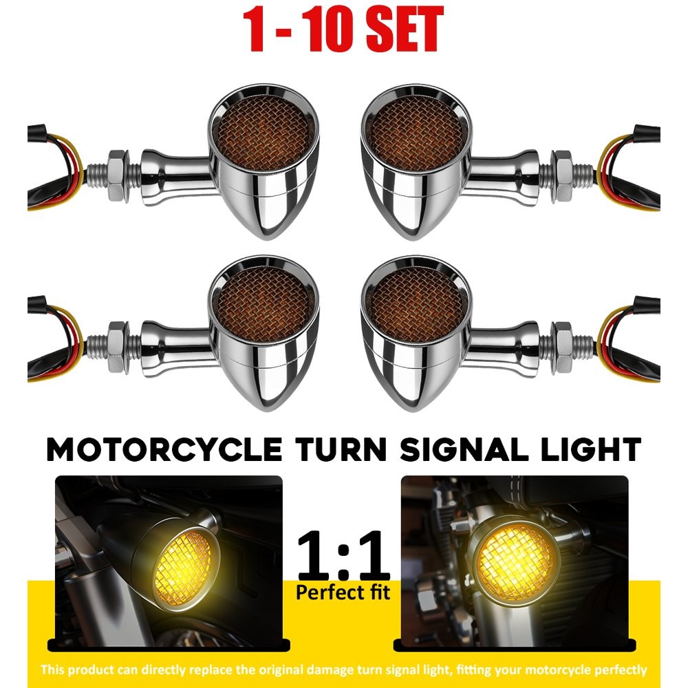 4-40 Chrome LED Turn Signal Amber Light Blinker Front Rear M10 -Lens Replaceable