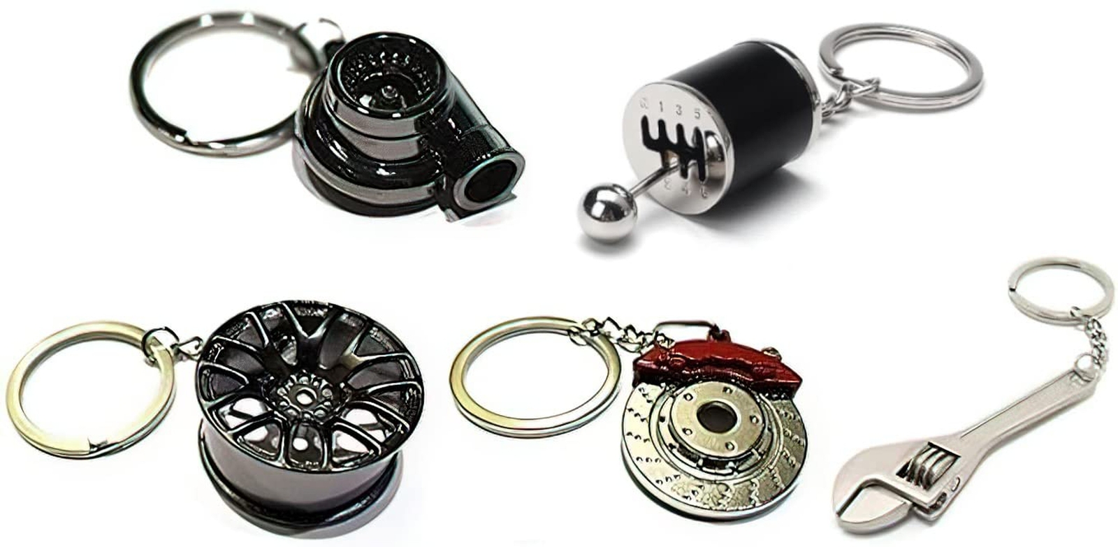 5PC Car Enthusiast Keychain Set Turbo Manual Shift 6 Speed Wheel Brake Wrench