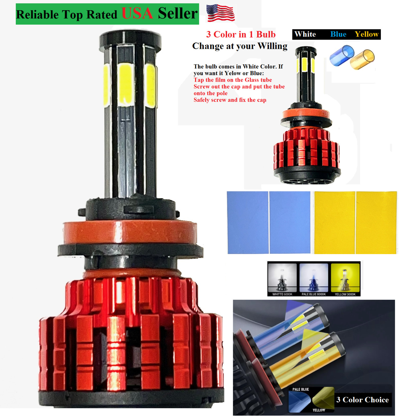 6-sides H4,7,11,13,9005/6,9007,9012,9145,5202 LED Light Bulb 3 Colors in 1 Bulb 6-sides H4,7,11,13,9005/6,9007,9012,9145,5202 LED Light Bulb 3 Colors in 1 Bulb