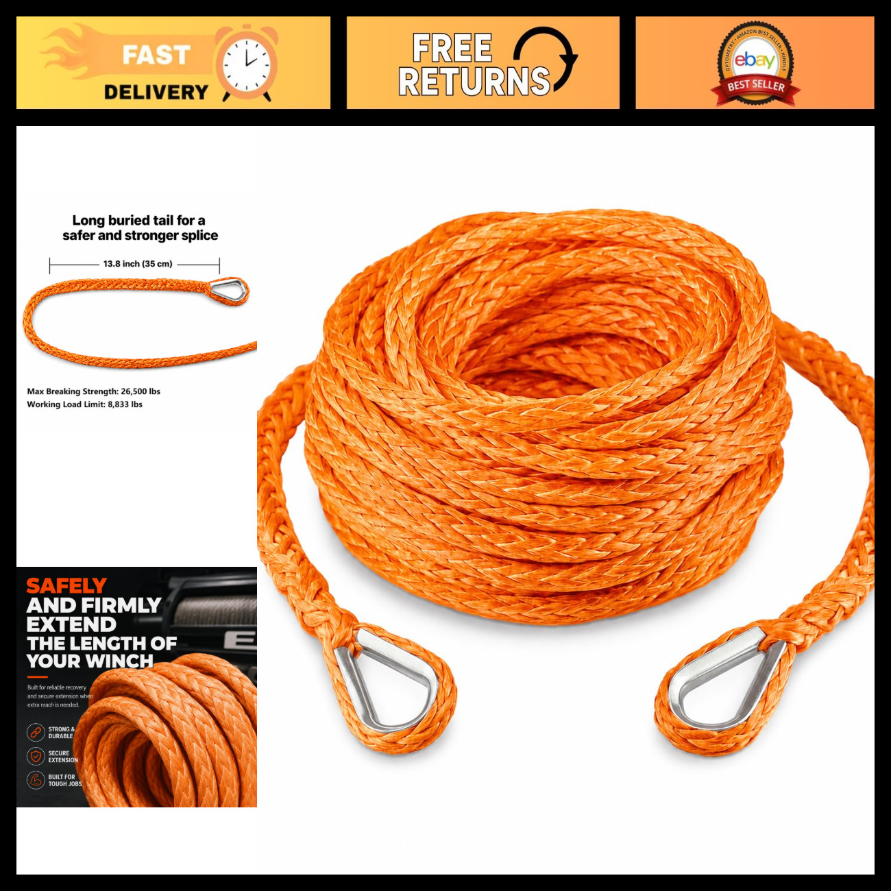 50ft Synthetic Winch Extension Rope - 3/8\ 50ft Synthetic Winch Extension Rope - 3/8\