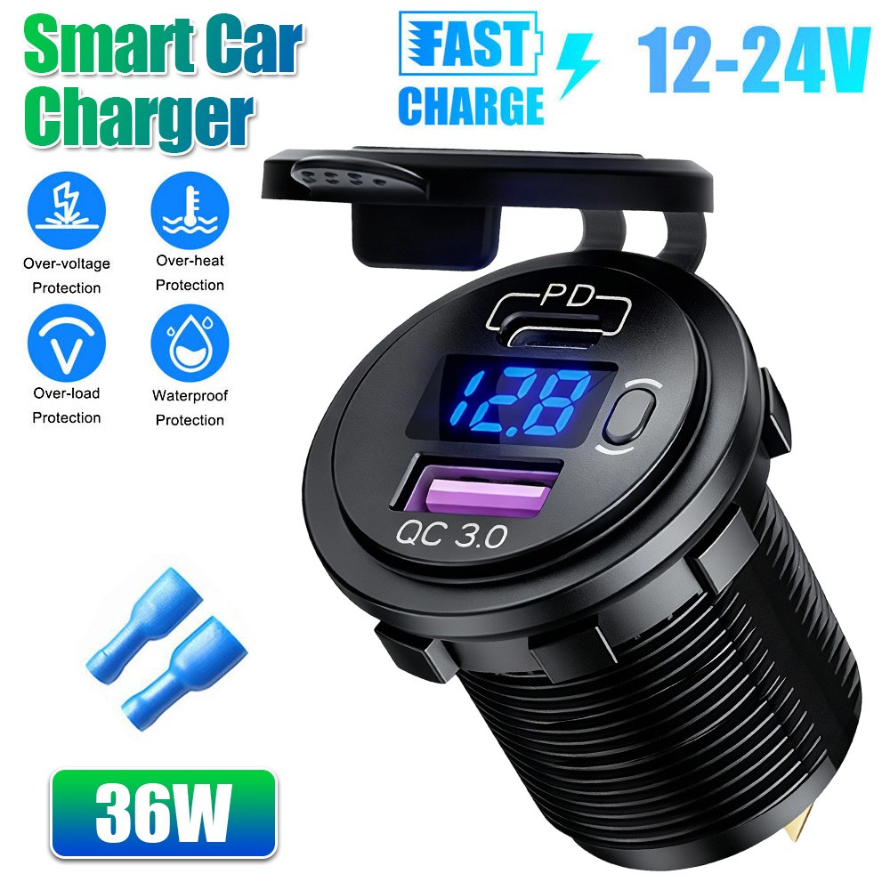Type-C QC3.0 USB Car Fast Charger Power Socket Outlet W/LED Voltmeter 12V-24V