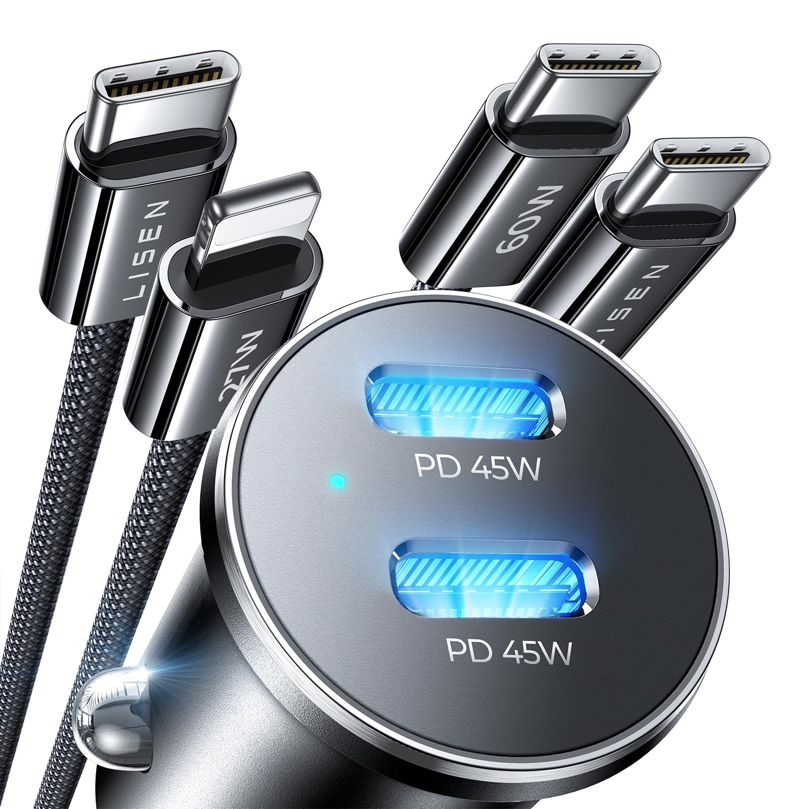 LISEN 90W Car Charger USB C Fast Charge,USB C w/ L+C Cables, Black LISEN 90W Car Charger USB C Fast Charge,USB C w/ L+C Cables, Black