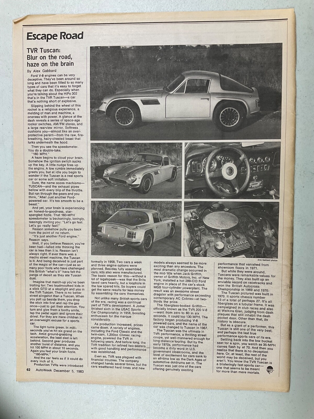 AW 141 Article Escape Road TVR Tuscan 12-05-83 1 page