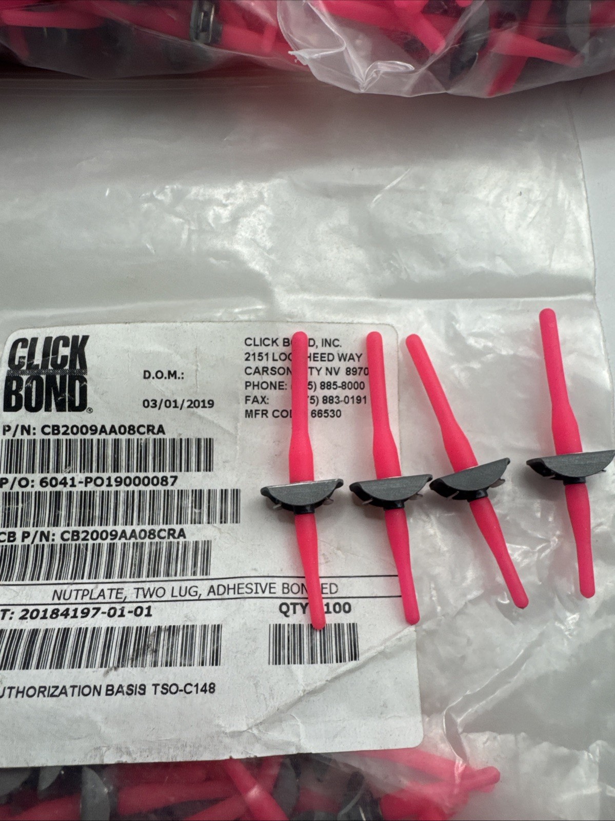(4) Click Bond CB2009AA08CRA Nutplate Two-Lug Adhesive 8-32 Alum