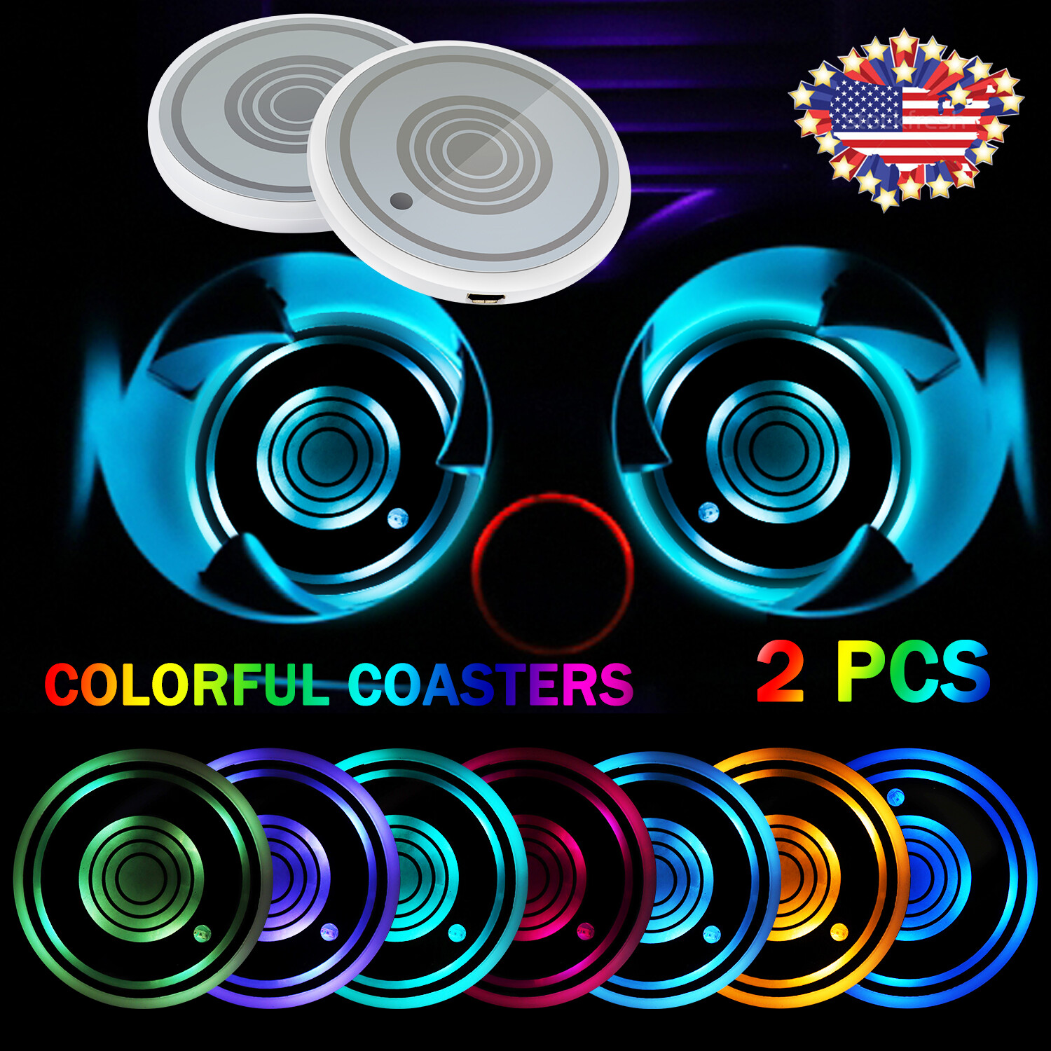 2Pcs Car Cup Holder Lights - 7-Color LED Interior Decoration Light Pads for Cars 2Pcs Car Cup Holder Lights - 7-Color LED Interior Decoration Light Pads for Cars