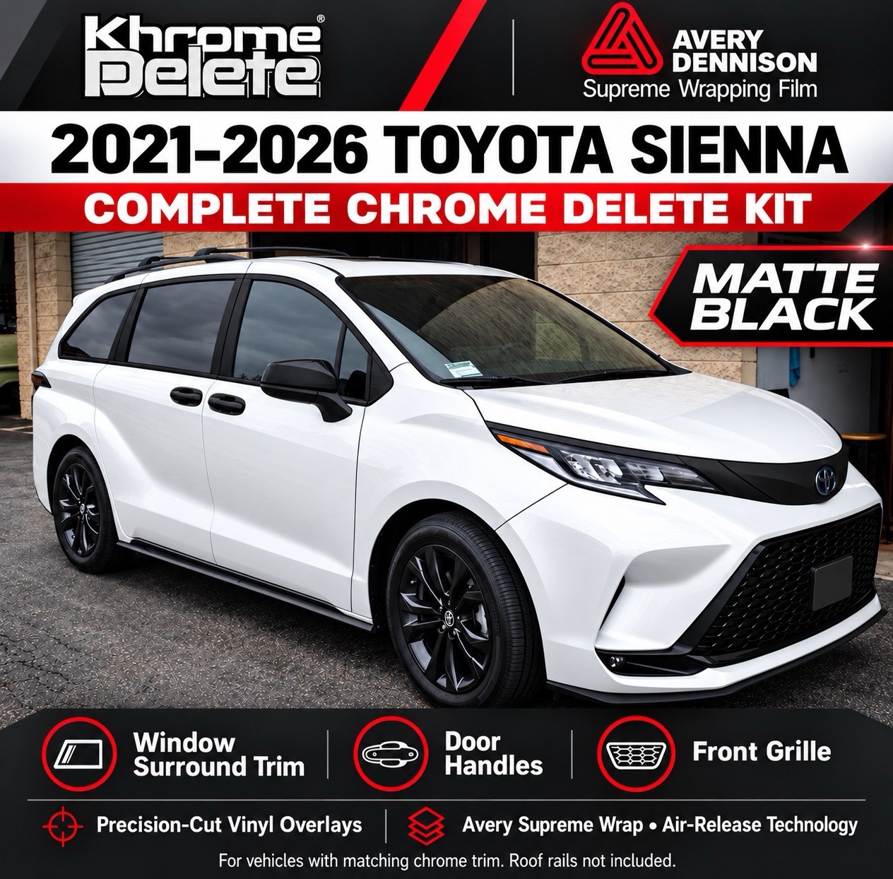 2021–2026 Toyota Sienna XL40 Matte Black Chrome Delete Complete Overlay