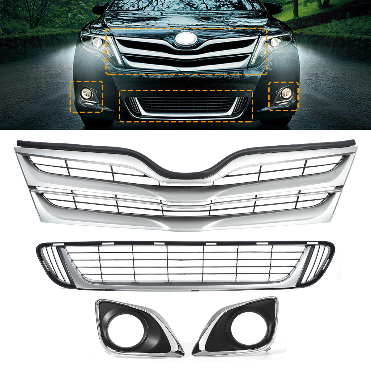 5PC Set For 2013-2016 TOYOTA VENZA Front Bumper Upper Lower Grille W/ Fog Bezels