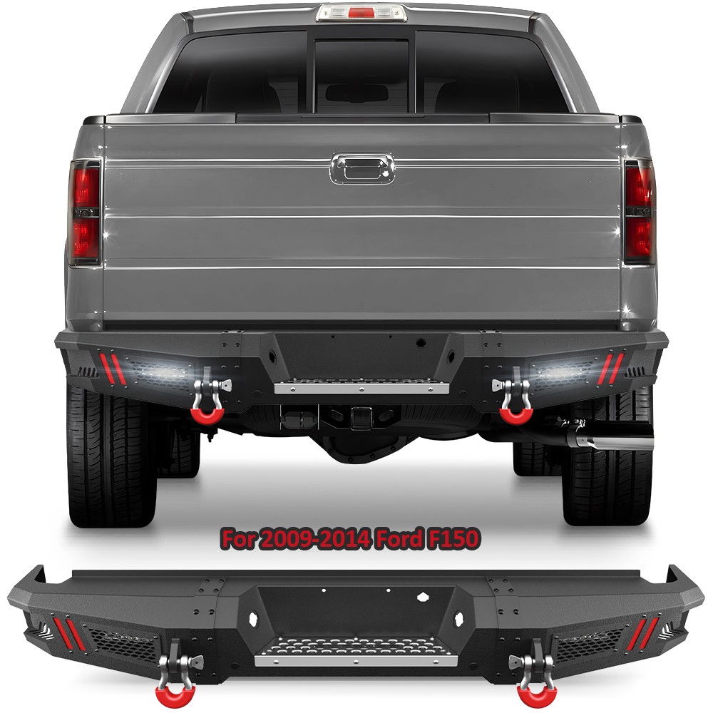 For 2009-2014 Ford F150 Steel Rear Bumper With Sensor Holes D-rings LED Lights