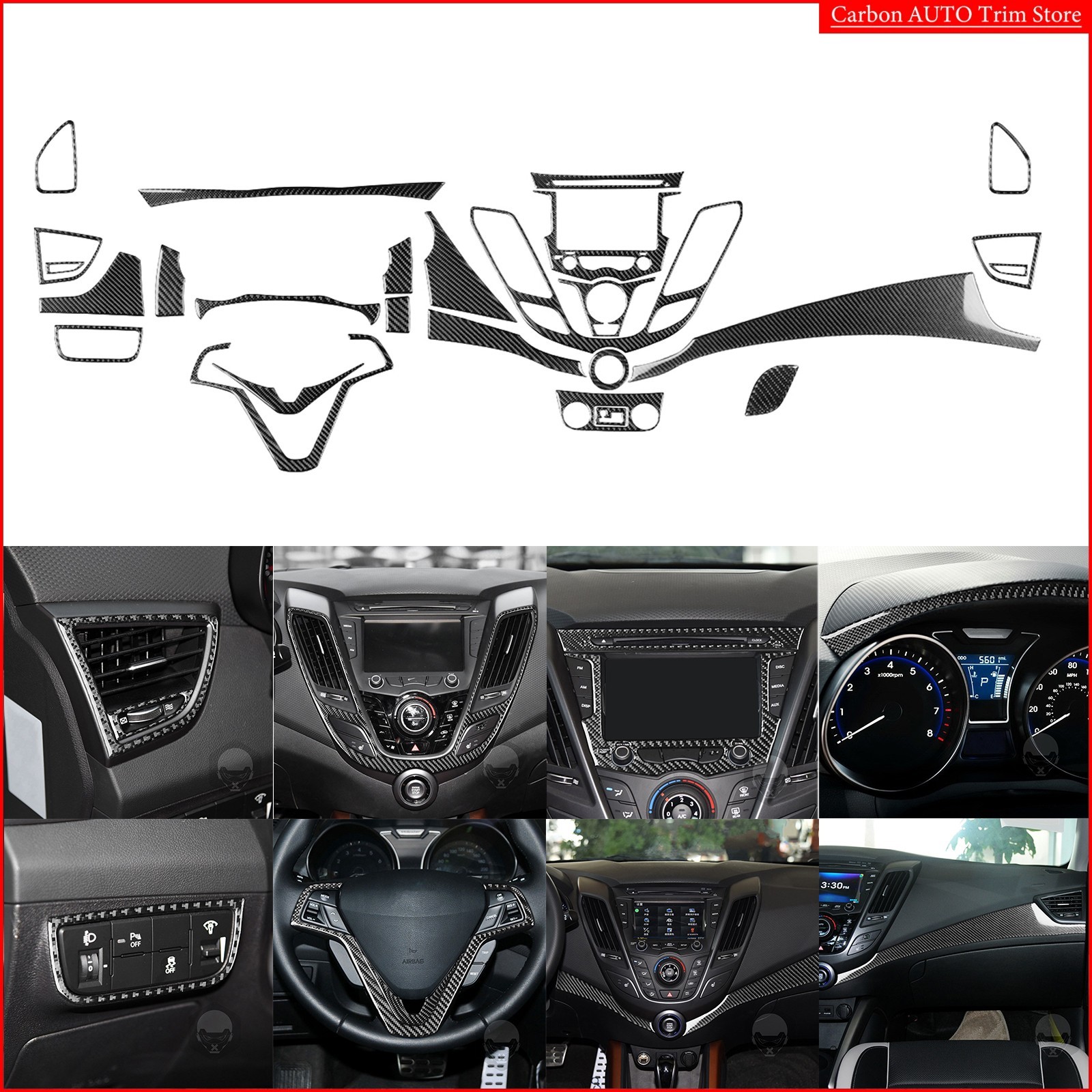 For Hyundai Veloster 2012-17 Real Carbon Fiber Interior Front Dashboard Full Kit