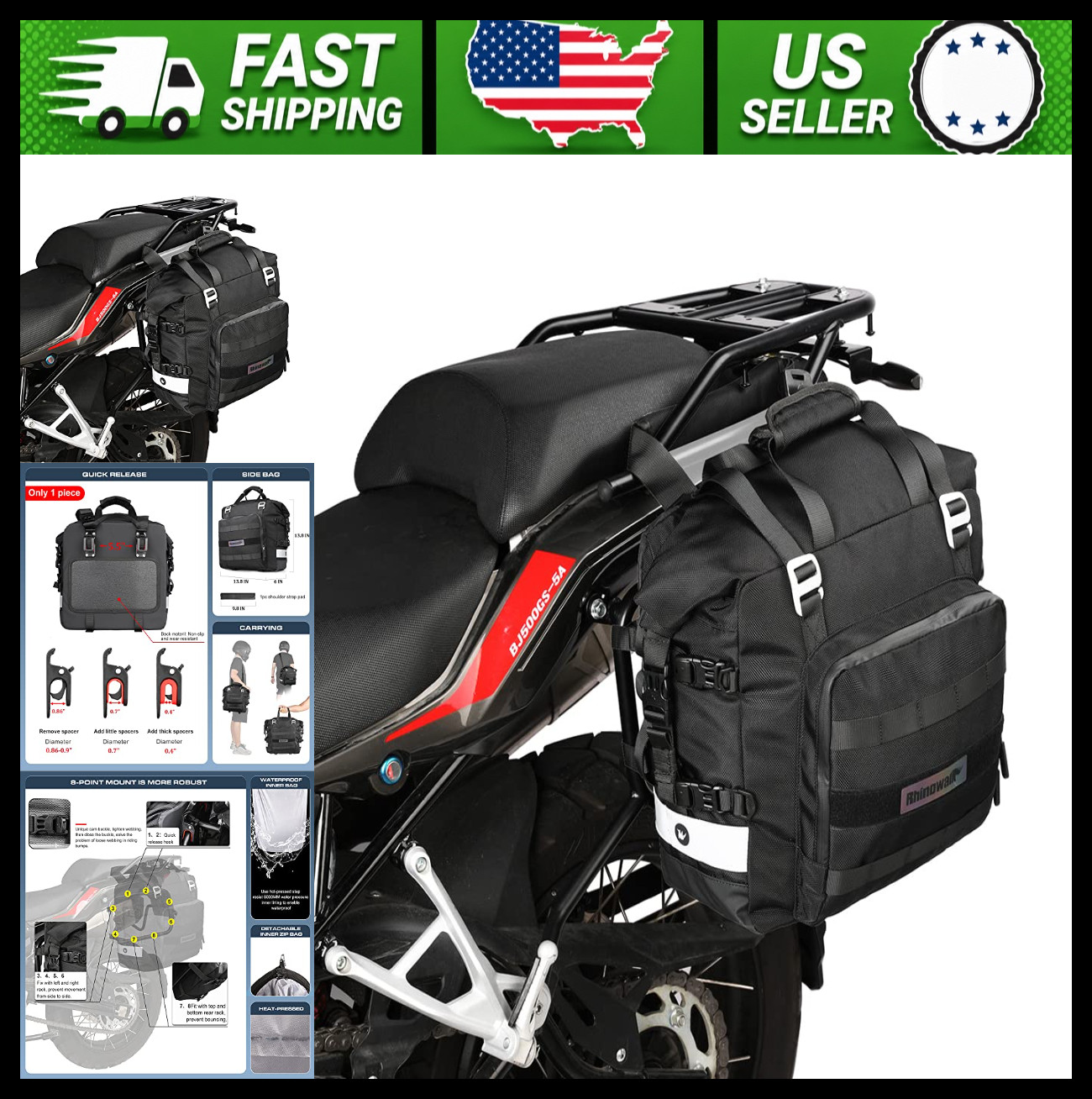 Rhinowalk Waterproof Motorcycle Saddlebag 20L Quick Release Black