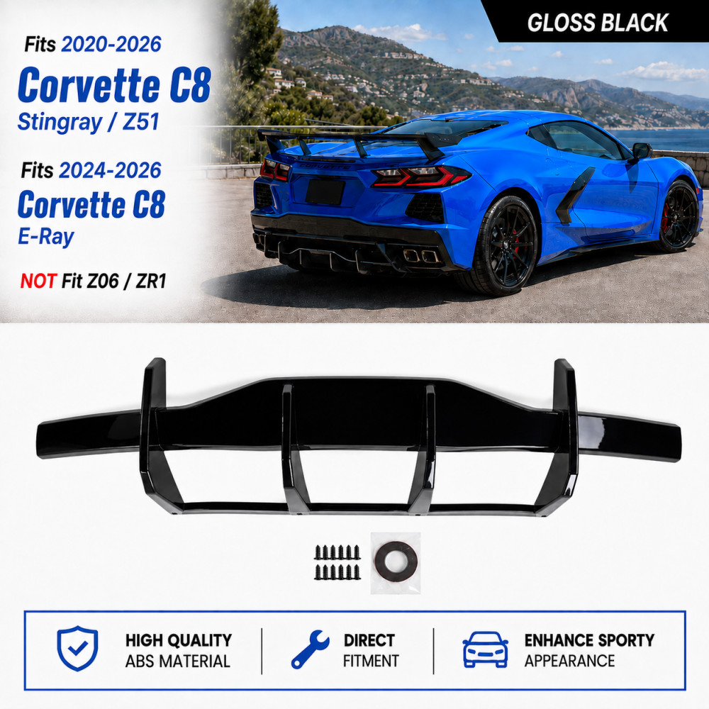 Gloss Black Rear Bumper Diffuser For 20-26 Chevrolet Corvette C8 Stingray & Z51