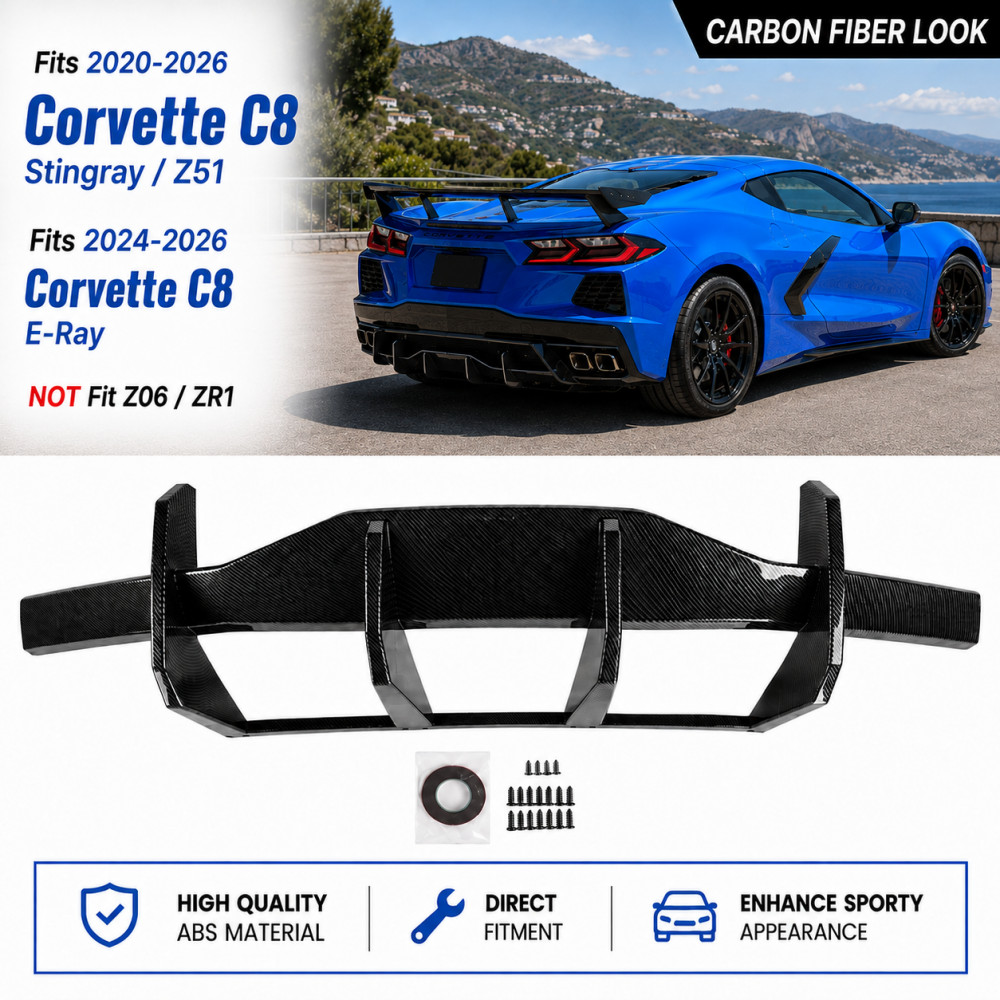 Carbon Look Rear Bumper Diffuser Fit 20-26 Chevrolet Corvette C8 Stingray & Z51