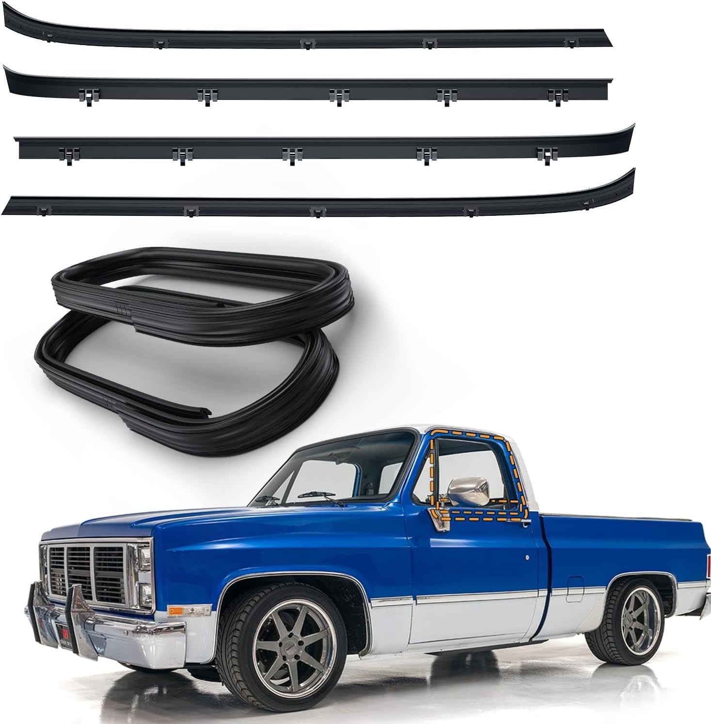 GMC Truck Front Door Window Run Sweep Felts Weatherstrip Seals Kit Set for Chevy