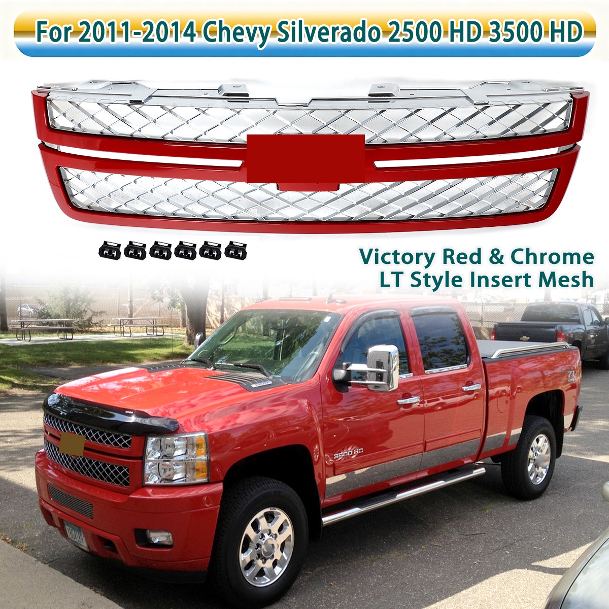 For 11-14 Silverado 2500HD 3500HD Victory Red+Chrome Insert Mesh LT Style Grille