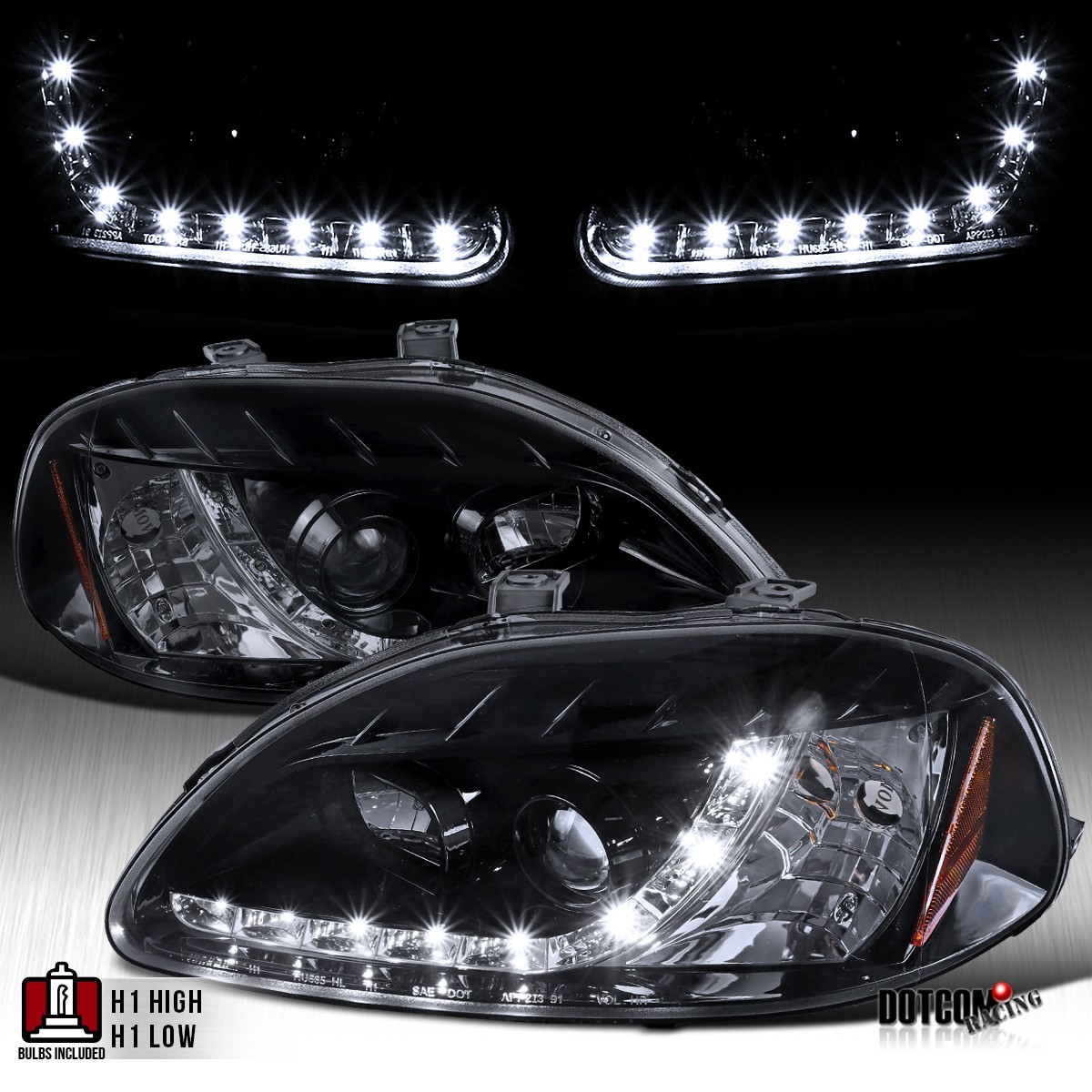 Fit 1996-1998 Honda Civic LED Strip Projector Headlights Lamps Left+Right 96-97 Fit 1996-1998 Honda Civic LED Strip Projector Headlights Lamps Left+Right 96-97