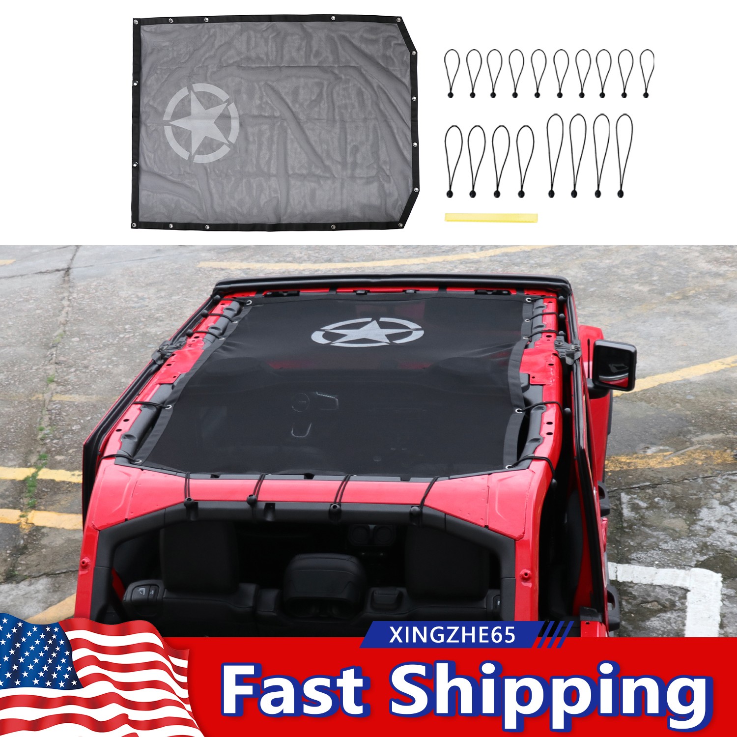 Black Star Bikini Top Mesh Sun Shade Cover For Jeep Wrangler JL 2018-2023 4Door