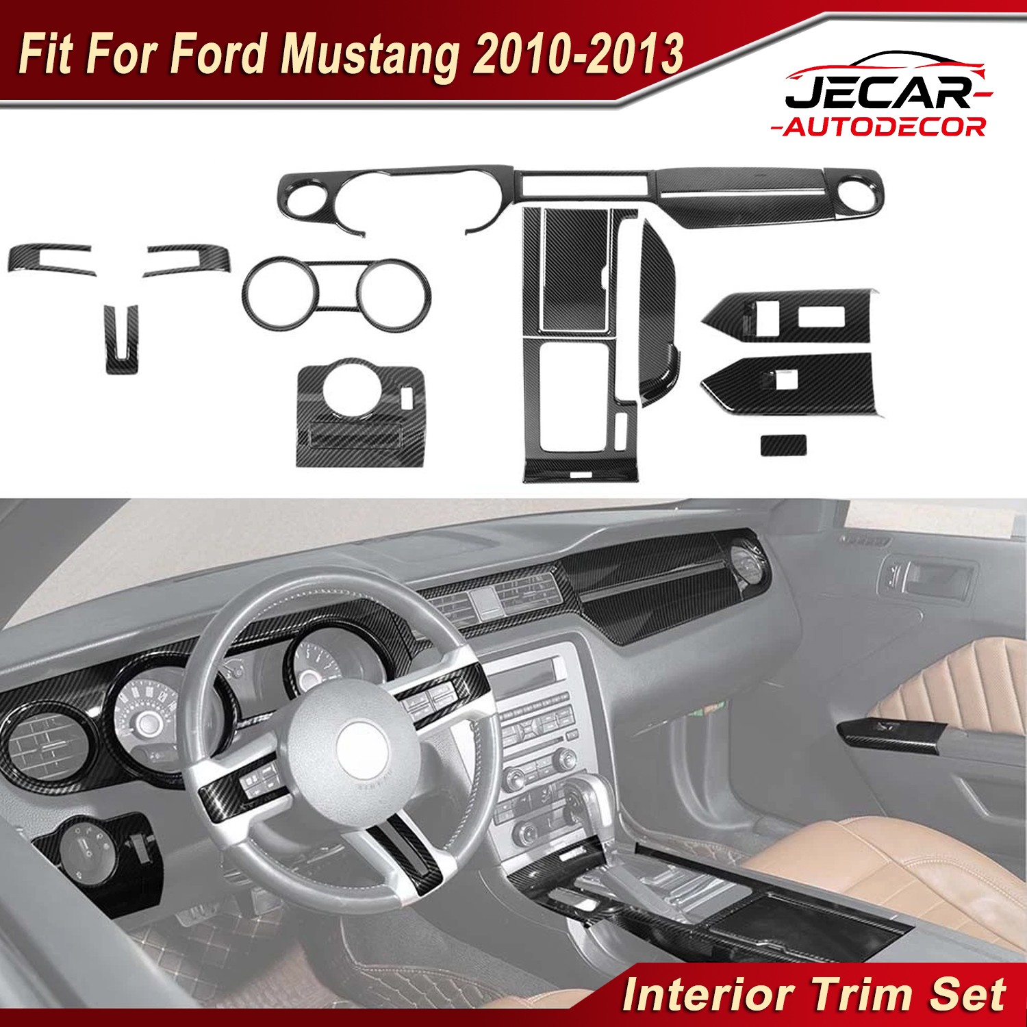 Carbon Fiber Center Console Full Inner Decor Trim Kit For Ford Mustang 2010-2013