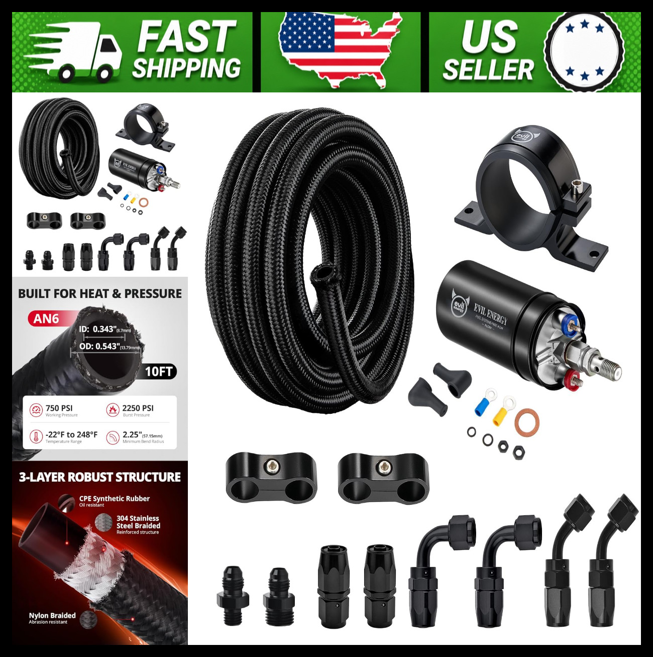EVIL ENERGY Inline Fuel Pump Kit 300 LPH for 12V EFI Systems with Fuel Line