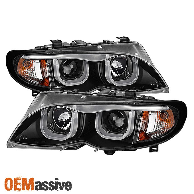 [Eye Lip] Fits 02-05 BMW E46 4Dr 3-Series 3D Halo LED Projector Black Headlights