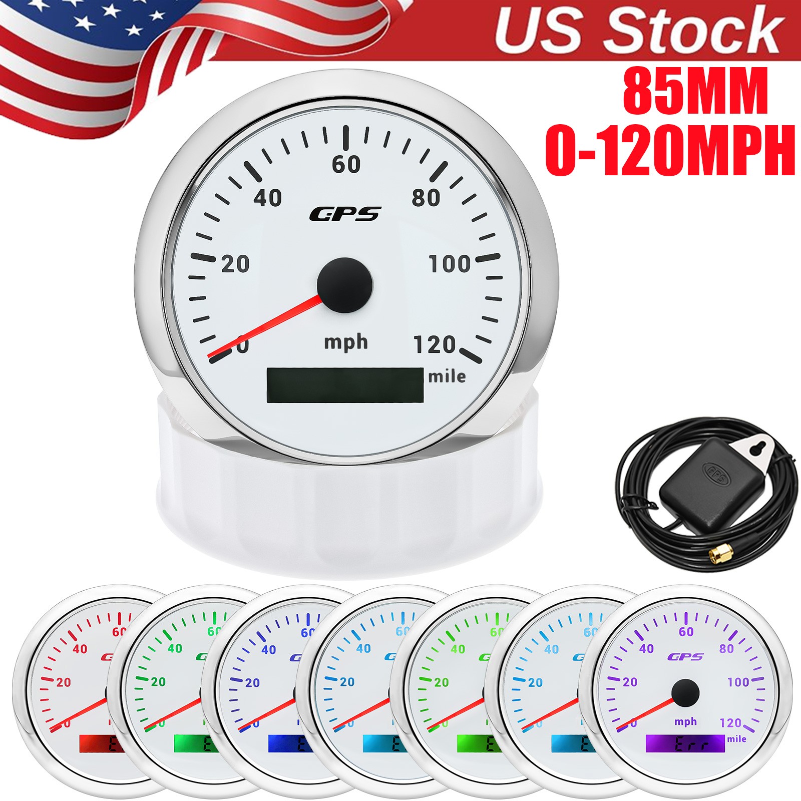 85mm White GPS Speedometer 0-120MPH Gauge Waterproof for Motorcycles Boat Car US