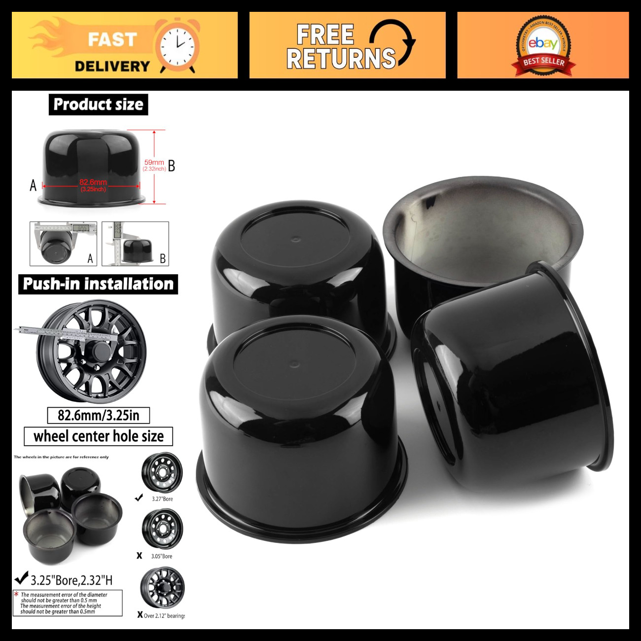 4Pcs Push Through Trailer Wheel Center Cap 3.25\ 4Pcs Push Through Trailer Wheel Center Cap 3.25\