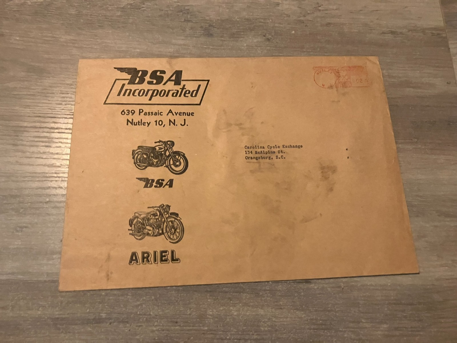VTG BSA Incorporated Nutley NJ Envelope Motorcycles Ariel