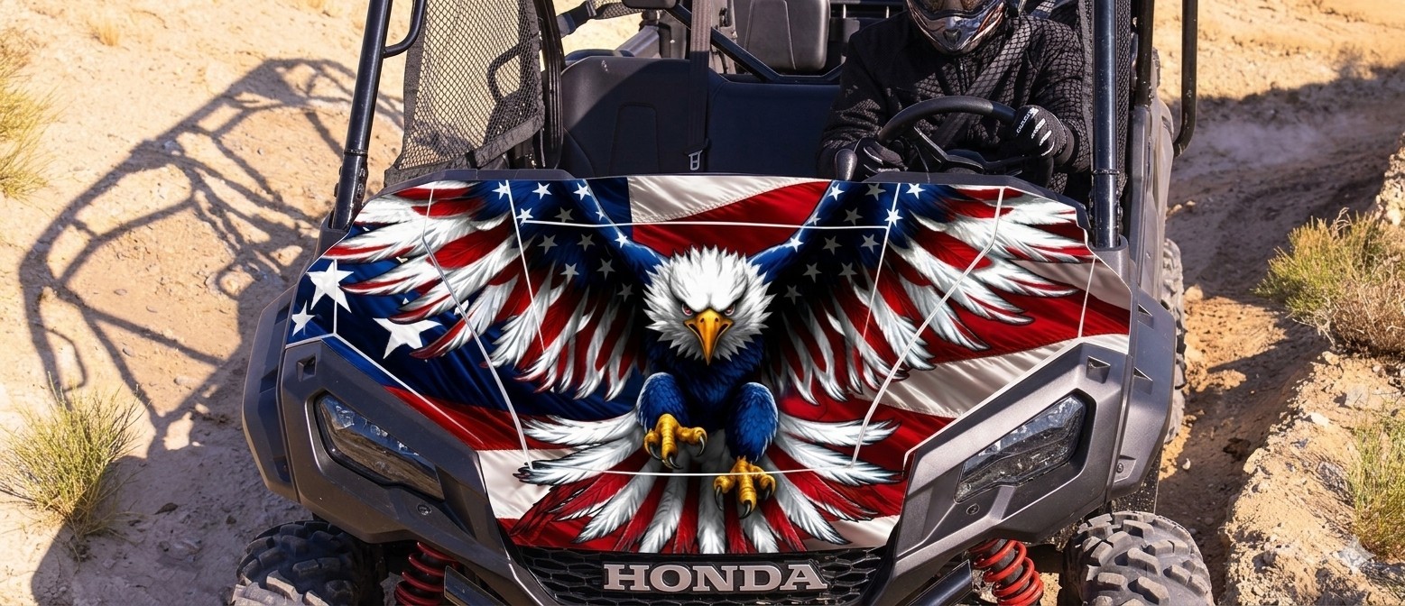Laminated Honda Pioneer 1000-5 American Flag Hood Graphics in AF Colored Eagle