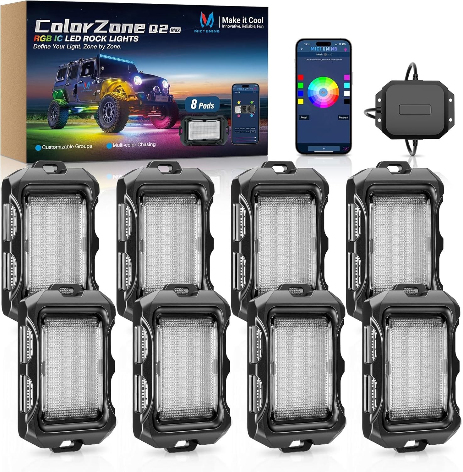 MICTUNING Q2 MAX 8 Pods RGB+IC LED Rock Lights Multicolor LED Underglow Neon Kit